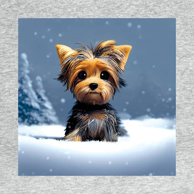 Cute Yorkshire Terrier Puppy in the winter snow by Geminiartstudio